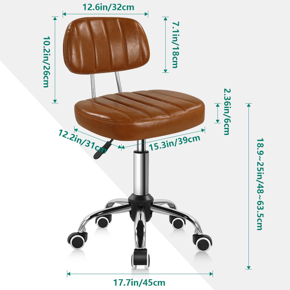 BFTOU Taburete Giratorio Cuadrado con Rueda para el Trabajo Silla de Taburete rodante Ajustable en Altura y rentable de SPA Shop Massage con Respaldo (marrón)