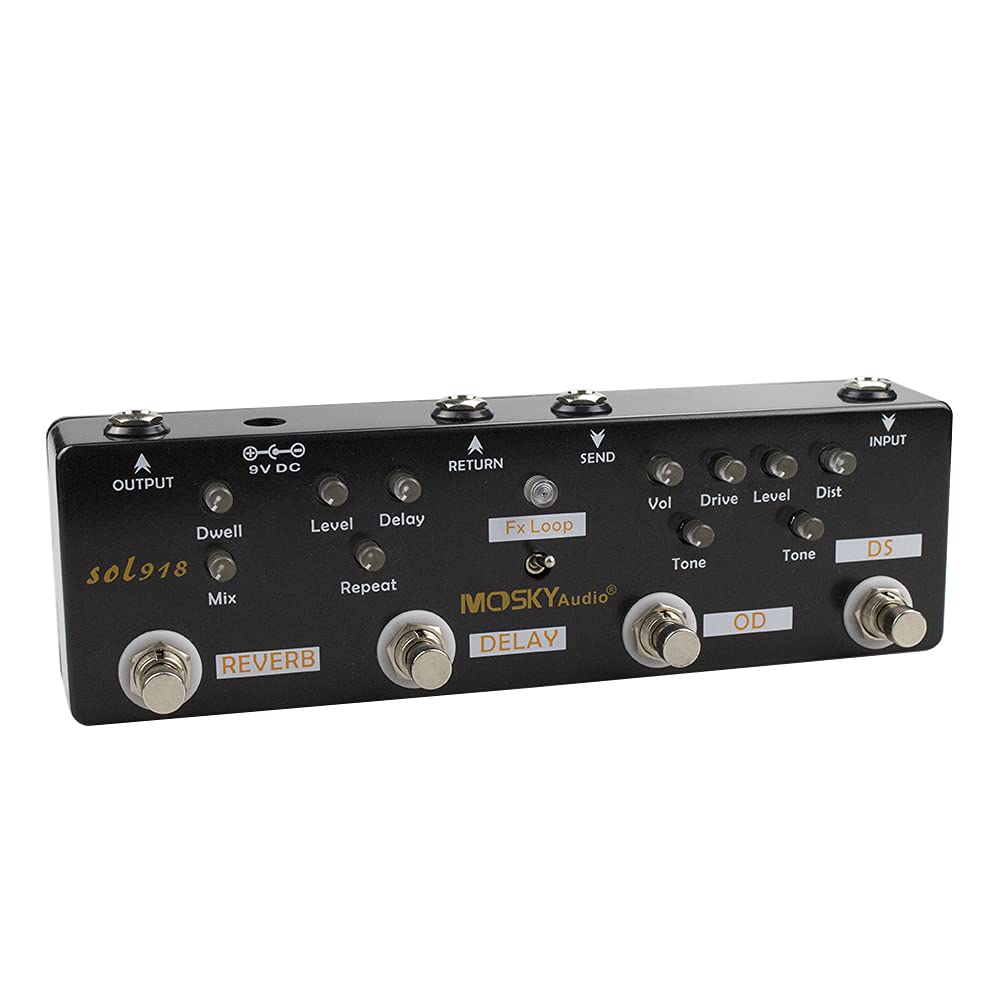 Pedal Multiefectos Moskyaudio Negro 5 en 1 con Distorsión, Sobremarcha, Reverberación y Retardo Sol 918
