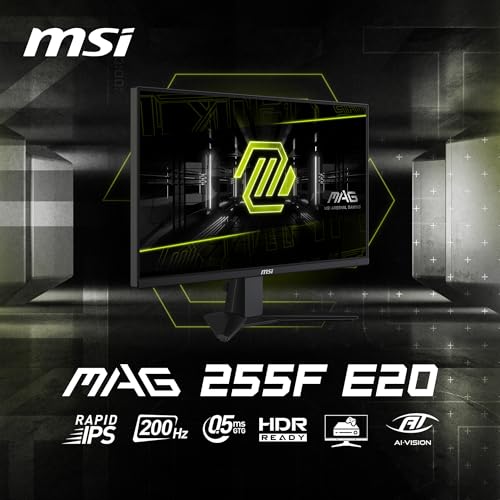 MSI mag 255F E20 25 Pulgadas 1920 x 1080 (FHD), Monitor para Juegos, 200Hz, sincronización adaptativa, HDMI, DisplayPort, Montaje VESA, inclinación, Altura Ajustable, Altavoz, 0,5 ms, Negro