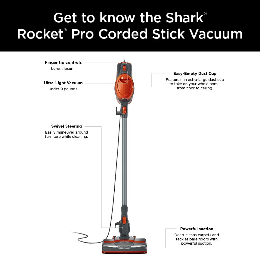 Aspiradora Shark Rocket Gris Naranja sin Bolsa con Cable y Dirección Giratoria para Limpieza de Alfombras y Suelos Duros