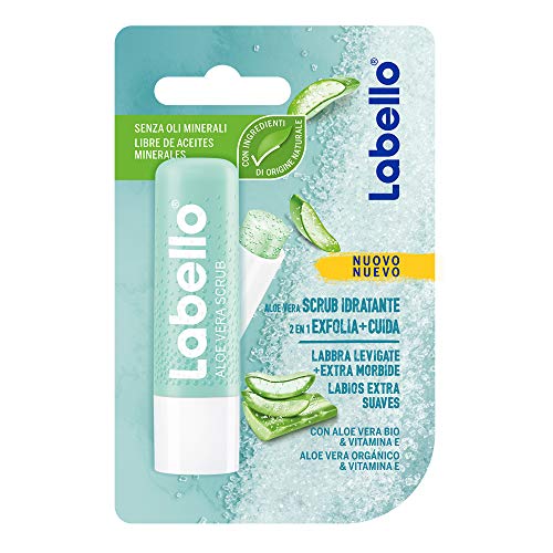 LABELLO Bálsamo Labial Exfoliante Scrub con Aloe Vera (4.8 g) con Vitamina E y microperlas exfoliantes libre de aceites minerales