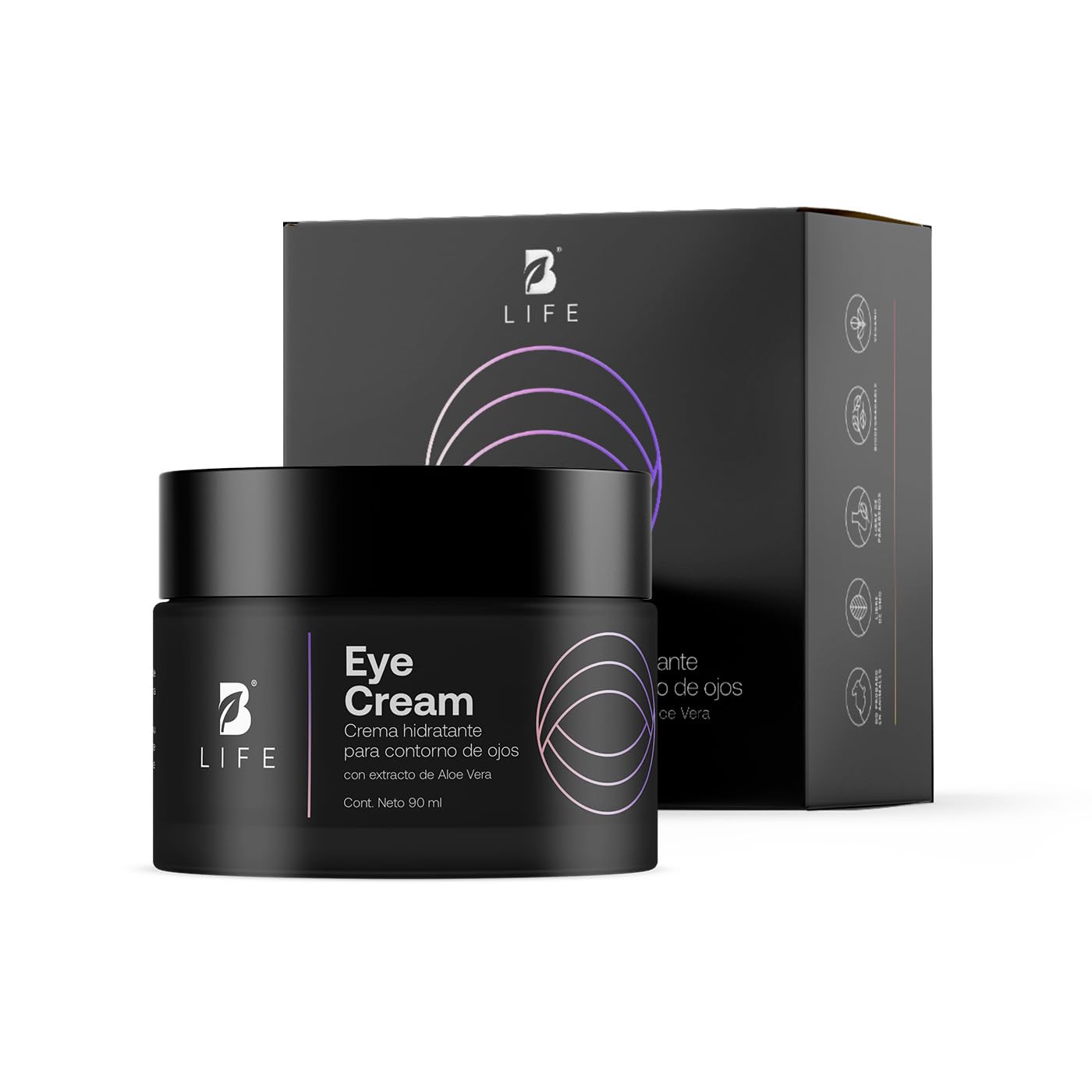 Crema para Ojos de 90 ml. Hidratante con Cafeína, Ácido Hiaulorónico y Extracto de Aloe Vera, Skincare de Ojos Antiarrugas. Eye Cream B Life.