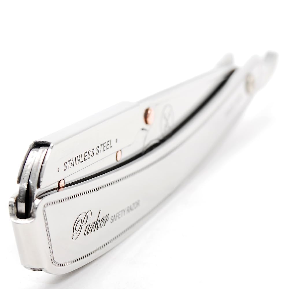 Parker SRX - Maquinilla de afeitar profesional de borde recto 100% acero inoxidable para hombres y 5 cuchillas Parker de borde recto premium – Diseñado para barberías y salas de afeitar