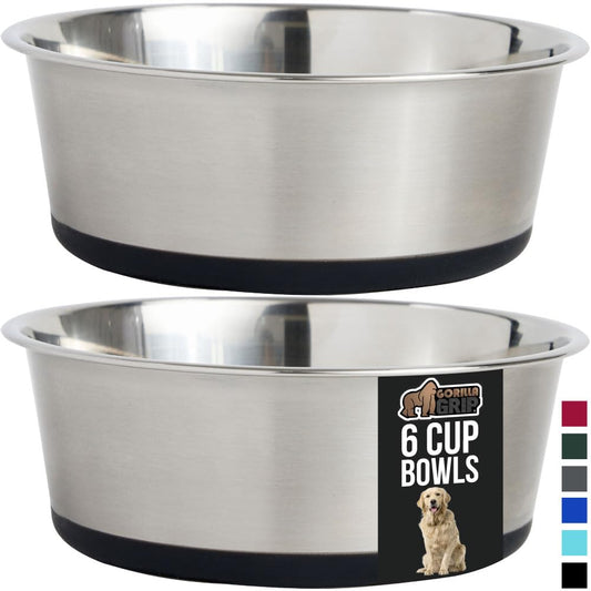 Gorilla Grip Cuencos para Perros de Acero Inoxidable de Primera Calidad, Juego de 2 Unidades, Base de Goma Que Protege los Suelos y Evita Que el Cuenco se deslice, 6 Tazas, Negro