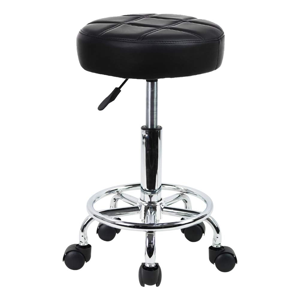 KKTONER Sillas giratorias de Piel sintética con Ruedas Taburetes giratorios Redondos de Altura Ajustable con reposapiés para SPA Masaje Tatuaje Salón Pequeño Negro