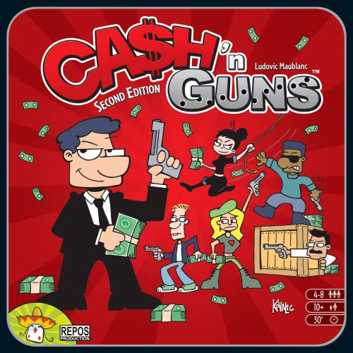 Cash 'N Guns Second Edition Party, juego de mesa de estrategia de robo de dinero, juego de gángster para adultos y niños, edades de 10 años en adelante, 4 a 8 jugadores, tiempo de juego promedio de 30 minutos, hecho por Repos Production