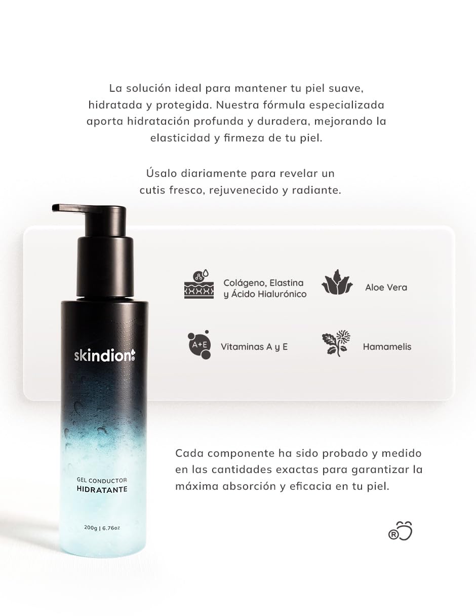Skindion Gel Hidratante Facial con Ácido Hialurónico y Colágeno | Conductor de Microcorriente