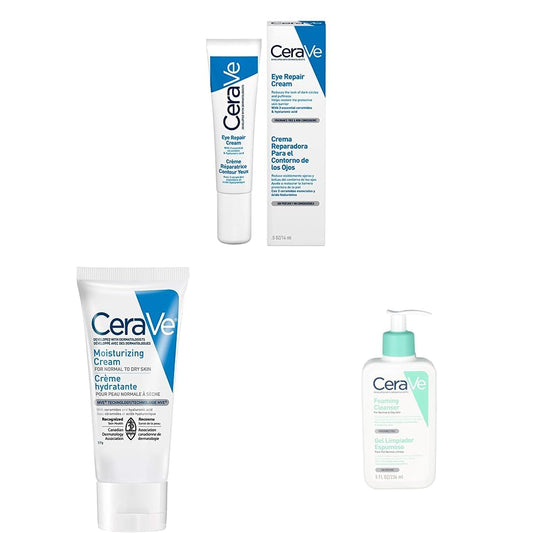 CeraVe Crema Reparadora para el Contorno de Ojos |14gr| Crema hidratante de ojos para bolsas y ojeras | Libre de fragancia + Cerave crema hidratante 50ml + Gel Limpiador Espumoso Diario Piel Mixta