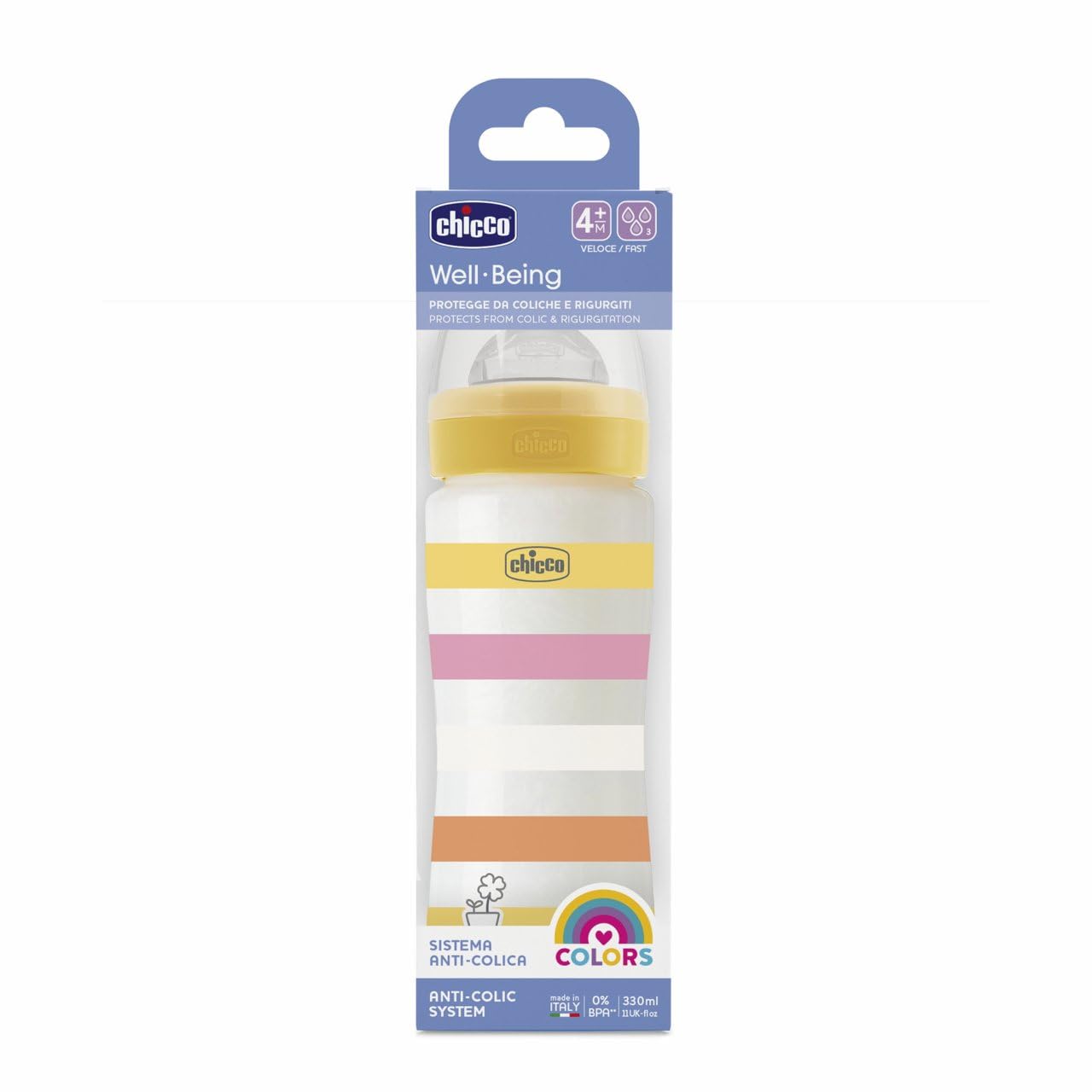 Chicco WELL-BEING Biberón Anticólicos de Flujo Rápido, Biberón para Bebés 4+ Meses con Tetina Physio de Silicona Suave y Acabado Soft Sense, Biberón de Plástico de 330 ml, Amarillo