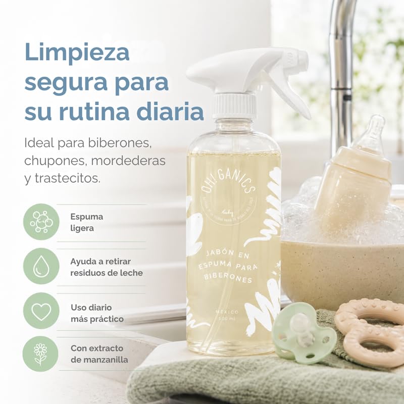 OH! GANICS Jabón Espuma para Biberones 500 ml, Ligera y Sin Fragancia