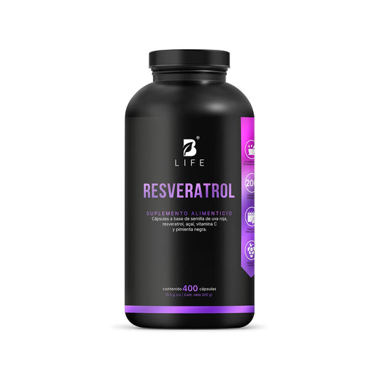 B Life Resveratrol | Antioxidante de 1000 mg por porción | 400 Cápsulas | Pimienta negra, Uva Roja, Acai y Vitamina C | Ingredientes Naturales | Resveratrol.