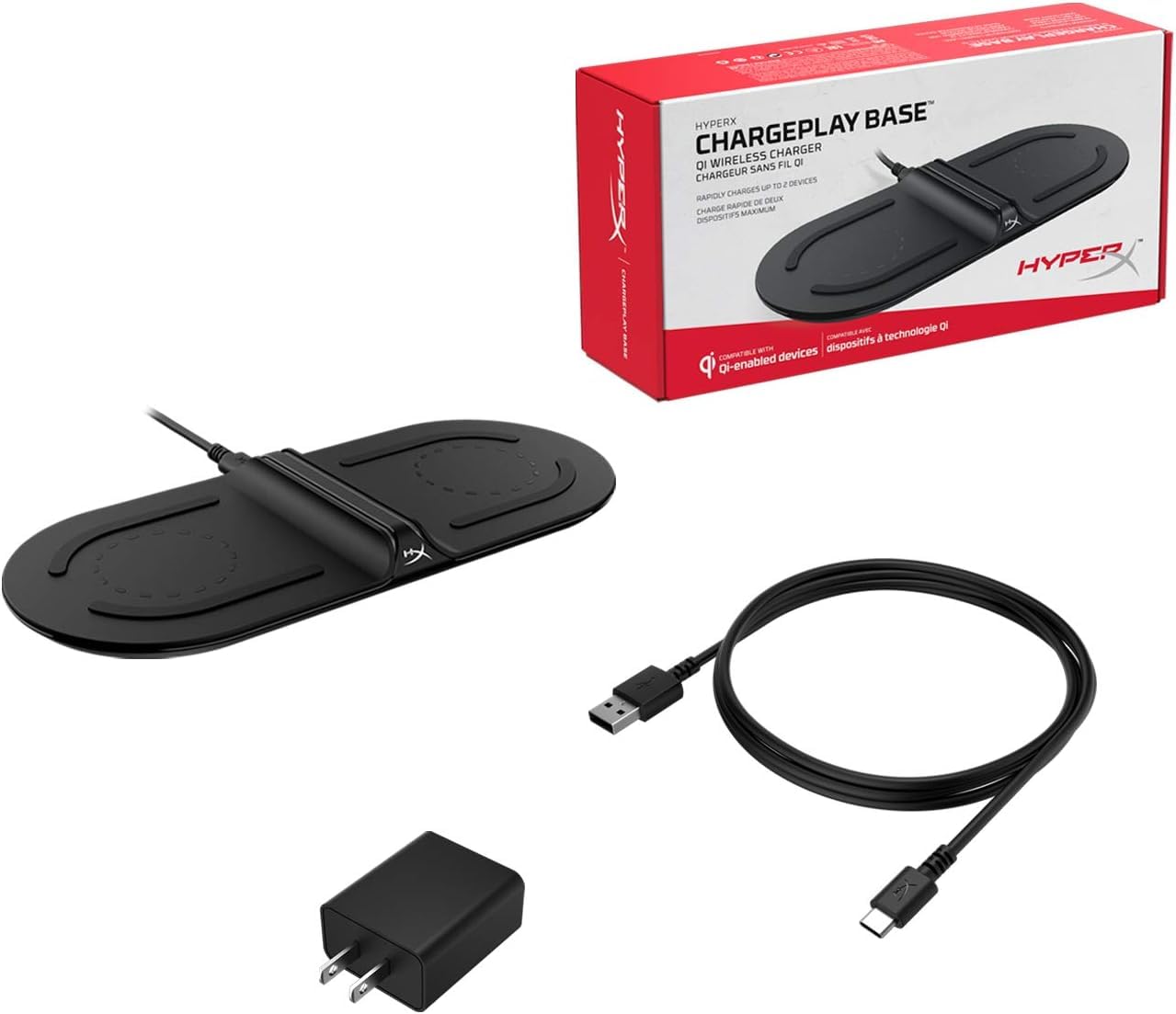 HyperX Chargeplay Base – Cargador inalámbrico Qi, certificado Qi, almohadillas para orejas de carga inalámbricas duales, carga hasta dos dispositivos, indicadores de batería, adaptador de pared de CA,