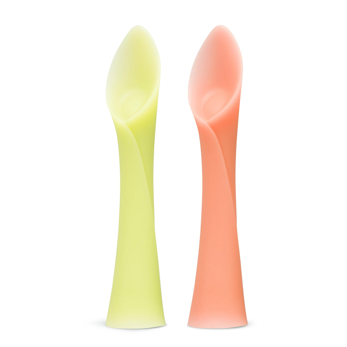 Olababy - Cuchara de entrenamiento de punta suave 100% silicona para destete dirigido por el bebé, paquete de 2 (limón/coral)