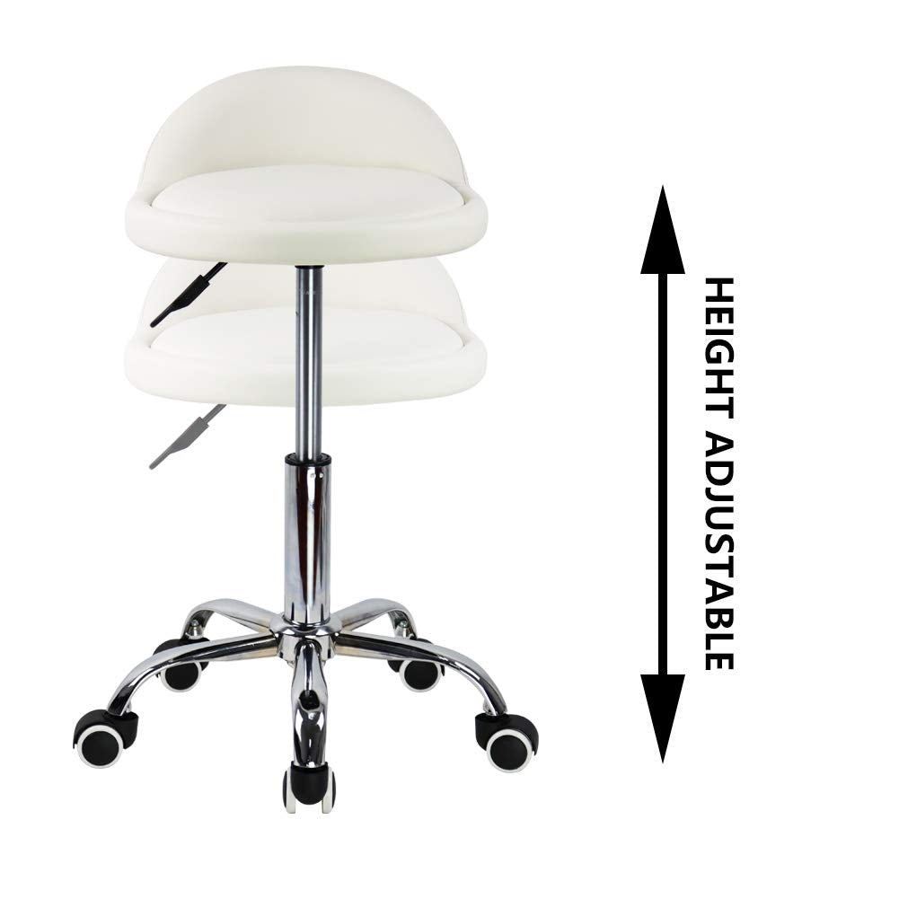KKTONER Taburetes Giratorios con Respaldo Bajo Taburetes Redondos Rodantes Silla Taburete Blanco con Ruedas para el Hogar Salón Facial SPA Masaje Tatuajes Trabajo