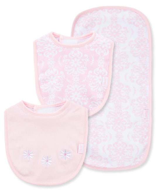 Little Me - Juego de babero y eructos de damasco de 3 piezas para niña, Rosa/Multi, Talla única