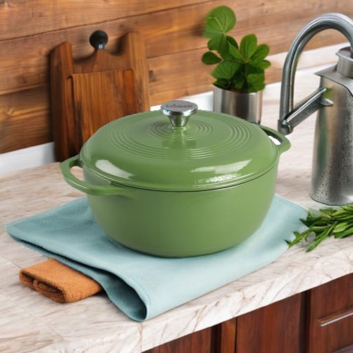 Lodge - Horno holandés de hierro fundido esmaltado de 6 cuartos con tapa, asas dobles, apto para horno hasta 500 °F o en estufa, uso para marinar, cocinar, hornear, refrigerar y servir - abeto