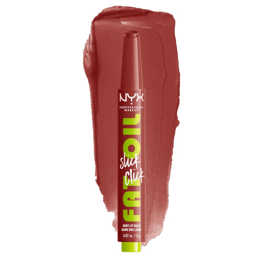 NYX Professional Makeup, Fat Oil Slick Click, 2gr. Tono: Going Viral. Brillo de labios en barra, hidrata hasta por 12hrs, sensación no pegajosa, con infusión de aceite de aguacate, frambuesa y zarzamora. Fórmula vegana.