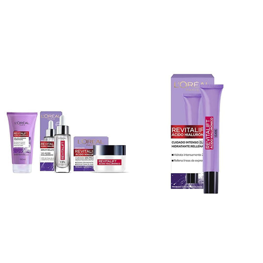 L'Oréal Paris Kit con Serum Facial, Crema de Día y Gel de Limpieza, Revitalift Ácido Hialurónico + Crema para ojos anti-líneas de expresion Revitalift Ácido Hialurónico de L'Oréal Paris, 15 ml