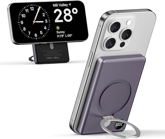 KuuLaa Power Bank 10000mAh, Batería Portátil Inalámbrica con Pantalla LED, Soporte Plegable, Carga Rápida PD 20W USB-C, Compatible con iPhone 16/15/14/13/12/Pro/Mini/Pro MAX (Violeta Oscuro)