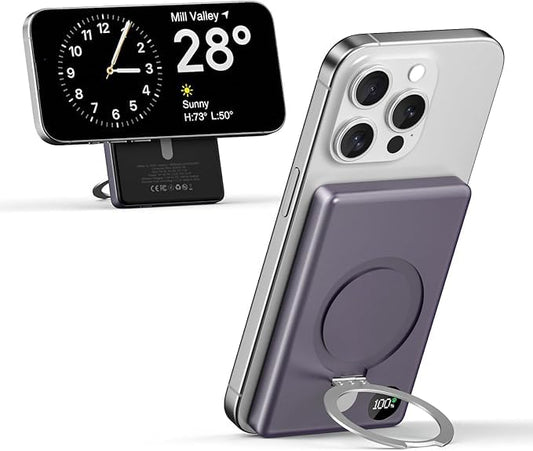KuuLaa Power Bank 10000mAh, Batería Portátil Inalámbrica con Pantalla LED, Soporte Plegable, Carga Rápida PD 20W USB-C, Compatible con iPhone 16/15/14/13/12/Pro/Mini/Pro MAX (Violeta Oscuro)