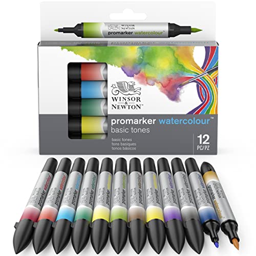 Winsor & Newton 290165 Promarker - Rotulador de acuarela, juego de 12, tonos básicos, 12 unidades