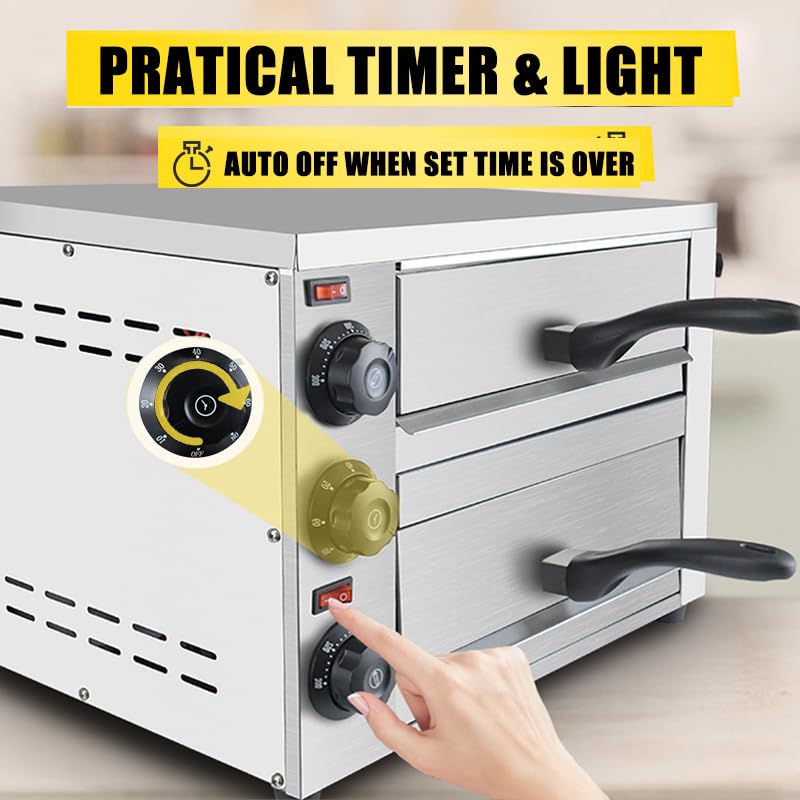 KOOTEN - Horno de pizza de mesa de 2 niveles, acero inoxidable comercial eléctrico para interiores con temporizador para el hogar y el restaurante