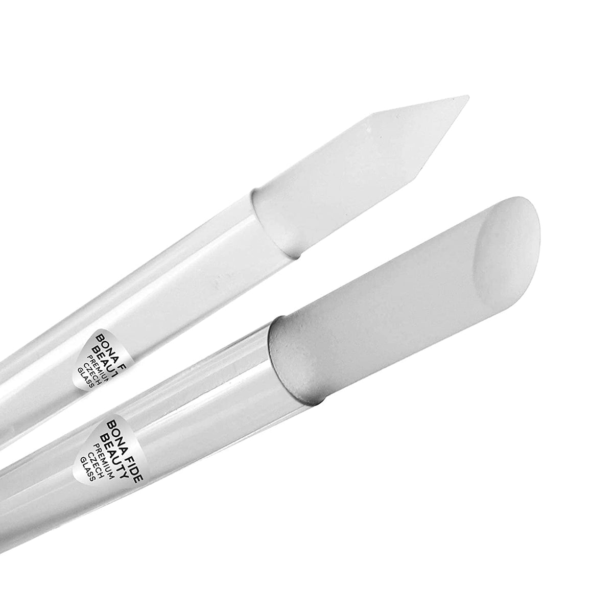 Bona Fide Beauty Empujador de cutículas de cristal, barra de manicura de doble extremo, limpia debajo de las uñas