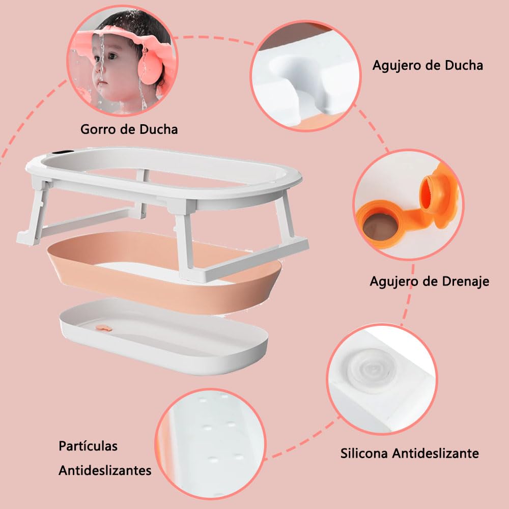 Bañera Tina de Baño Plegable para Bebés - Tina Para Baño Bebé Portátil, con Cojín Antideslizante y Visualización de la Temperatura, con Orificio de Drenaje, Apto para Niños de 0 a 6 Años (Rosa)