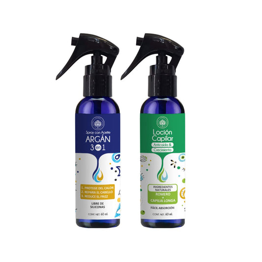 KIT Spray 3 en 1 Termoprotector + Loción Capilar Anticaída. Spray 3 en 1 con Aceite de Argán: Protege del calor, Restaura, Reduce Frizz. LOCIÓN CAPILAR Anticaída & Crecimiento: Con Romero y otros activos naturales. Sin Minoxidil. Árbora 60 ml. / 60 ml.