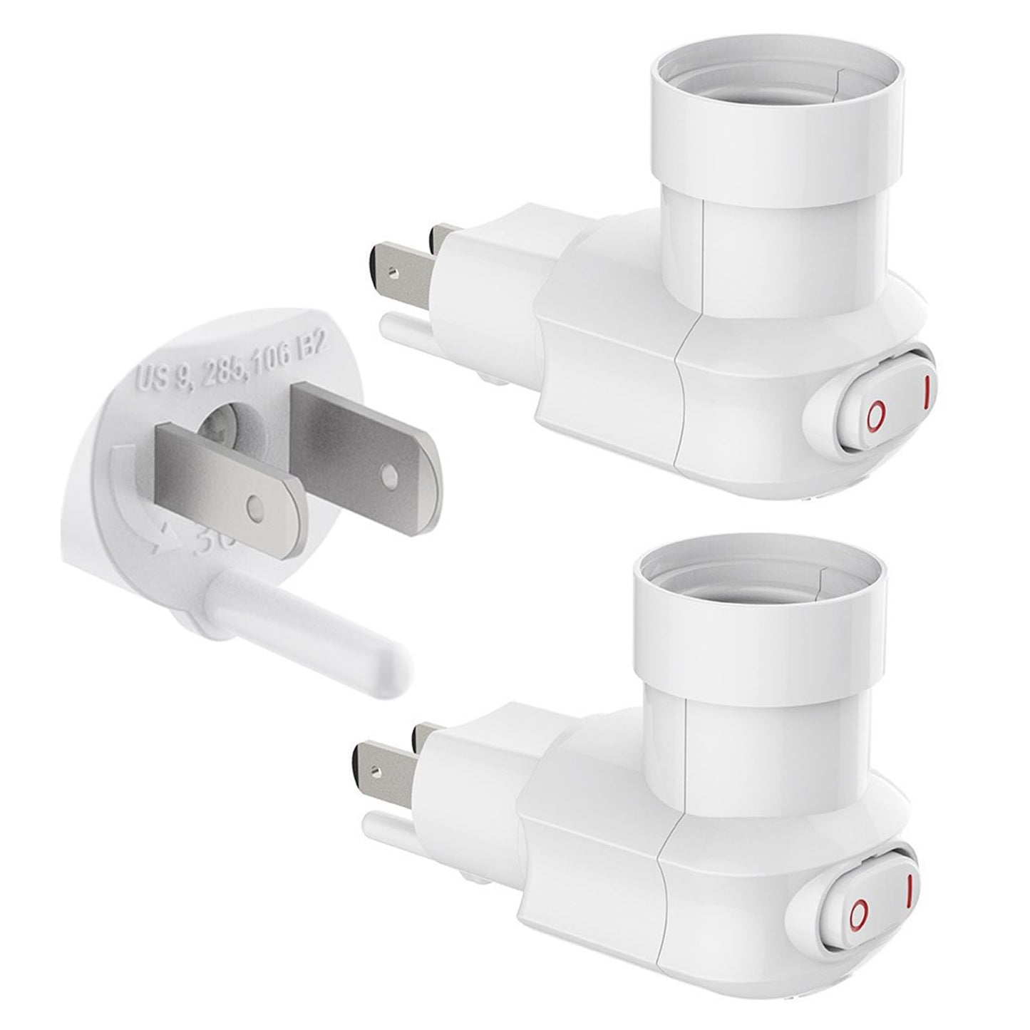 MOSU Enchufe de luz enchufable,Adaptador de extensión de Enchufe E26/E27 con Interruptor,Toma de Corriente de 3 Clavijas a Enchufe Giratorio de 360°,Adecuado para porches,Patios,garajes(Pack de 2)