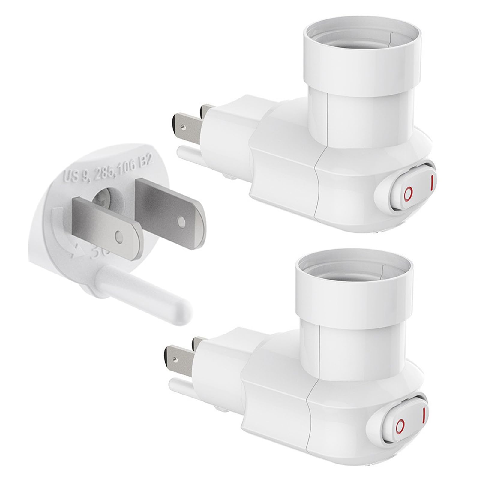 MOSU Enchufe de luz enchufable,Adaptador de extensión de Enchufe E26/E27 con Interruptor,Toma de Corriente de 3 Clavijas a Enchufe Giratorio de 360°,Adecuado para porches,Patios,garajes(Pack de 2)