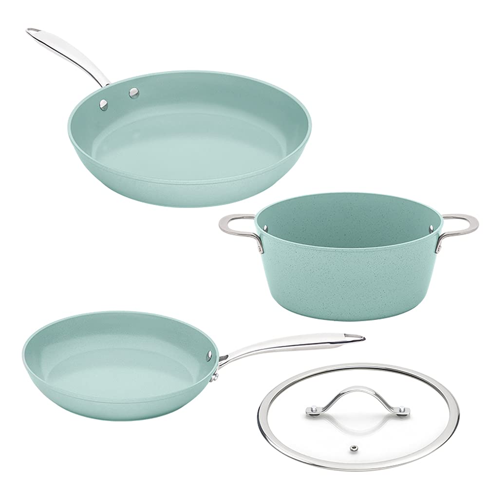 JADECOOK Bateria de Cocina Jade Cook Nueva Generación CV Directo Baterias de Cocina Premium Incluye 4 Piezas 2 Sartenes Antiadherentes 1 olla con Tapa Libre de Toxicos Set de Ollas