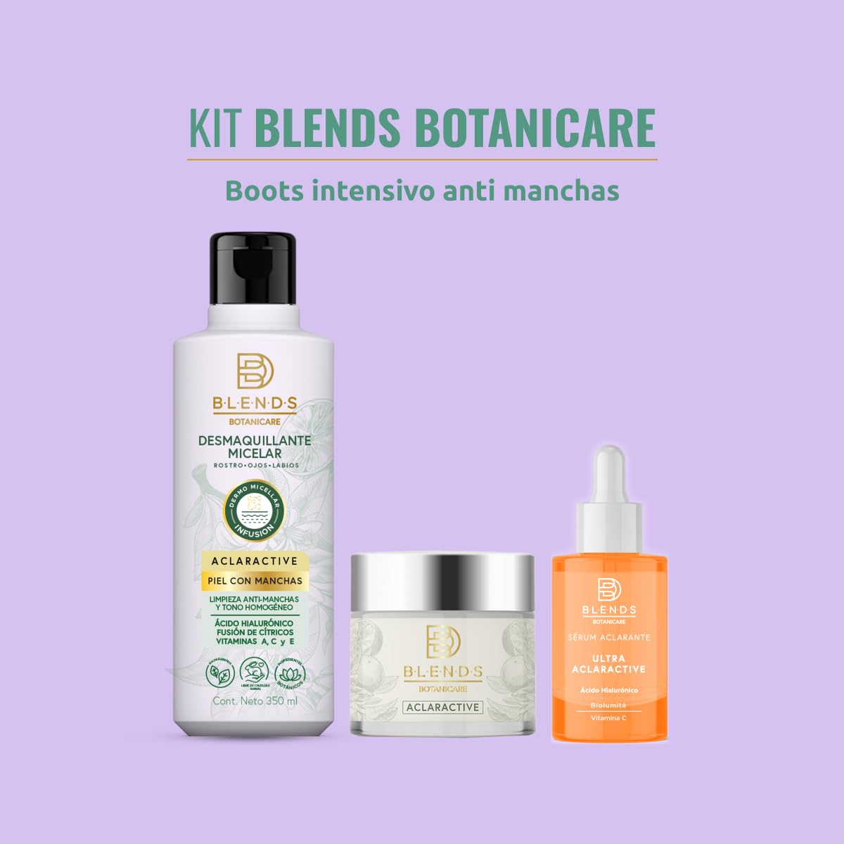 Kit Blends Botanicare Boost Intensivo Rutina Facial Anti Manchas - Desmaquillante Micelar + Crema Aclarante + Sérum