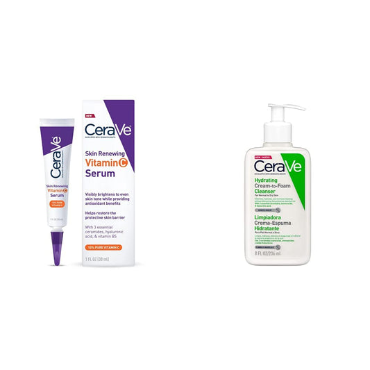 CeraVe - Sérum de vitamina C con ácido hialurónico | Sérum iluminador de piel para rostro con un 10% de vitamina C pura | Sin fragancia | 1 onza Oz + Limpiadora Crema-Espuma Hidratante Facial Diaria