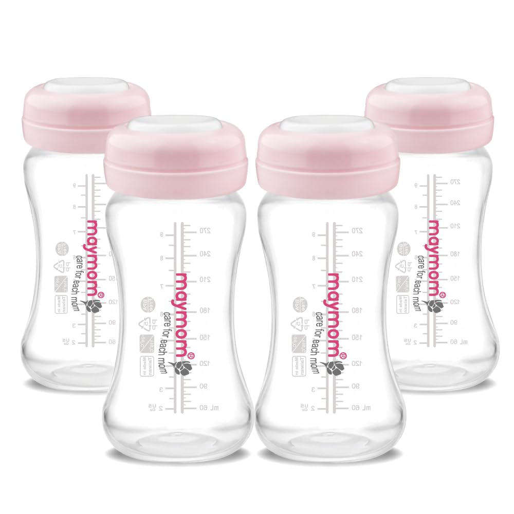 Botella de boca ancha para recolección y almacenamiento de leche materna, 9 oz / 280 ml, con disco SureSeal reescribible. Compatible con extractores Spectra (S1, S2 y 9 Plus) y Avent. Paquete de 4, solo botellas.