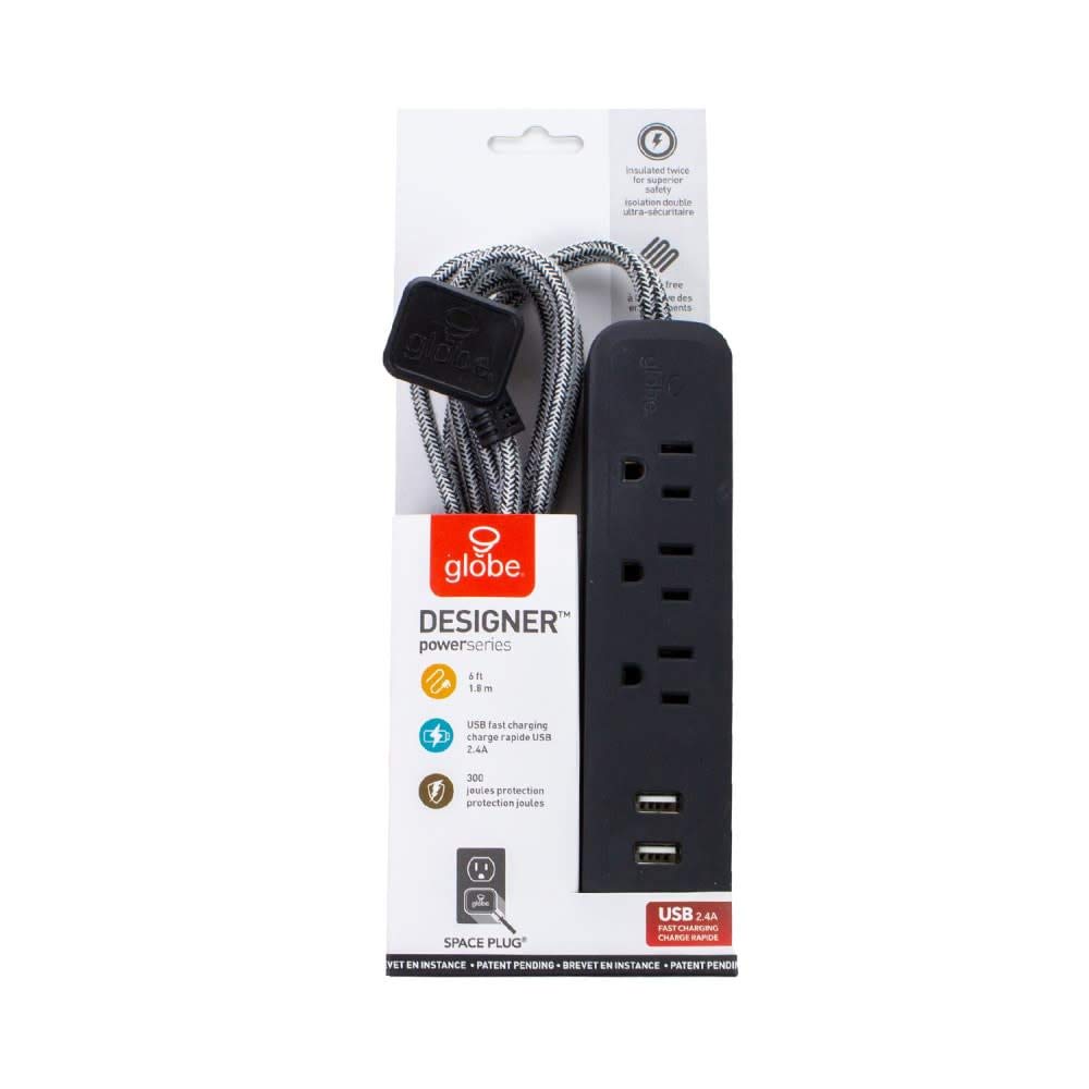 Globe Electric Designer Series multicontacto con 3 salidas de alimentación, 2x puertos USB, 78249, acabado en color negro, Rosa