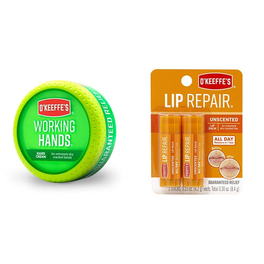 O'Keeffe's Working Hands Crema para manos, frasco de 100 ml, frasco + Bálsamo labial reparador sin perfume para labios secos y agrietados, paquete de 2 unidades