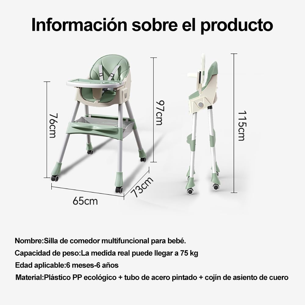 SLNXA Silla Alta para Bebé Multifuncional: Sillón y Mecedora en Uno con Ruedas Universales, Plato Llano Doble Extraíble, Cesta de Almacenamiento y Cojín de PU, Ajustable Plegable (Verde)