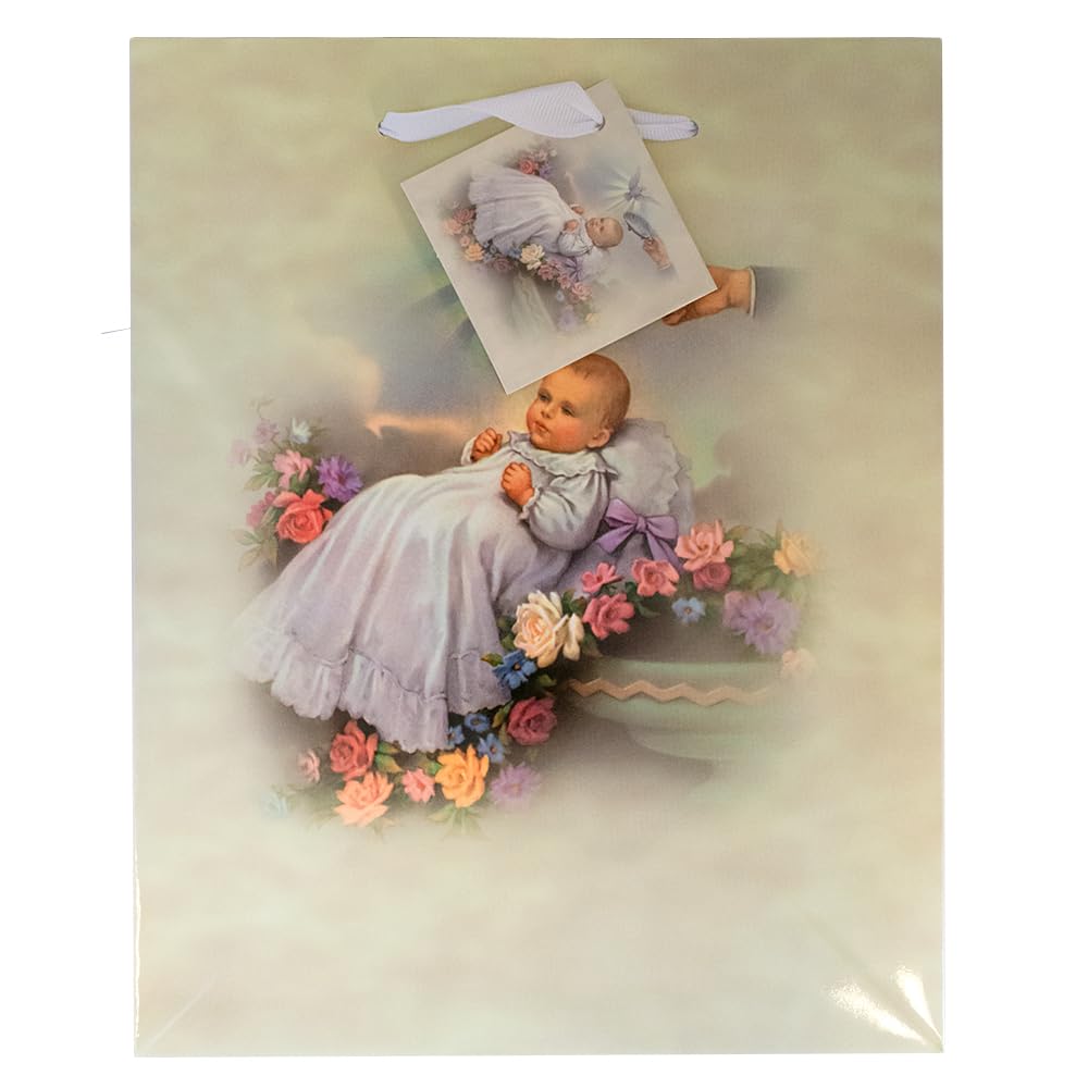Bolsa de regalo de 10 pulgadas con diseño de bautismo | Incluye papel de seda y etiqueta de regalo | Gran envoltura de regalo para ocasiones católicas y cristianas | Bautismo, bautizo y baby shower