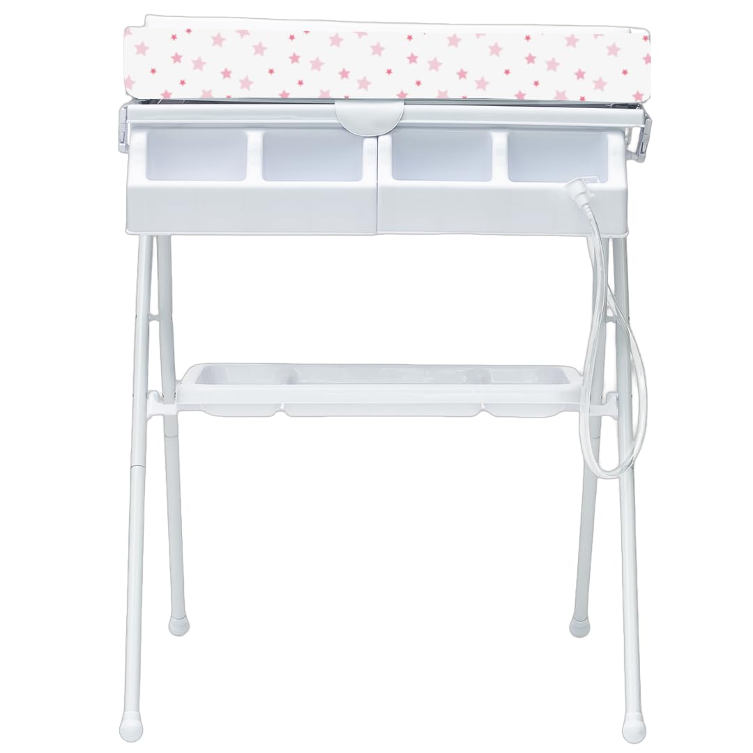 BAMBINETO Bañera alta para bebé BATH con Colchón Cambiador y Base de tijera. ESTRELLAS ROSA