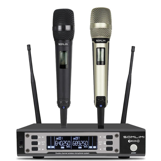 Sistema de Micrófono Inalámbrico SOMLIMI UHF Negro Dorado Profesional de 2 Canales para Cantar