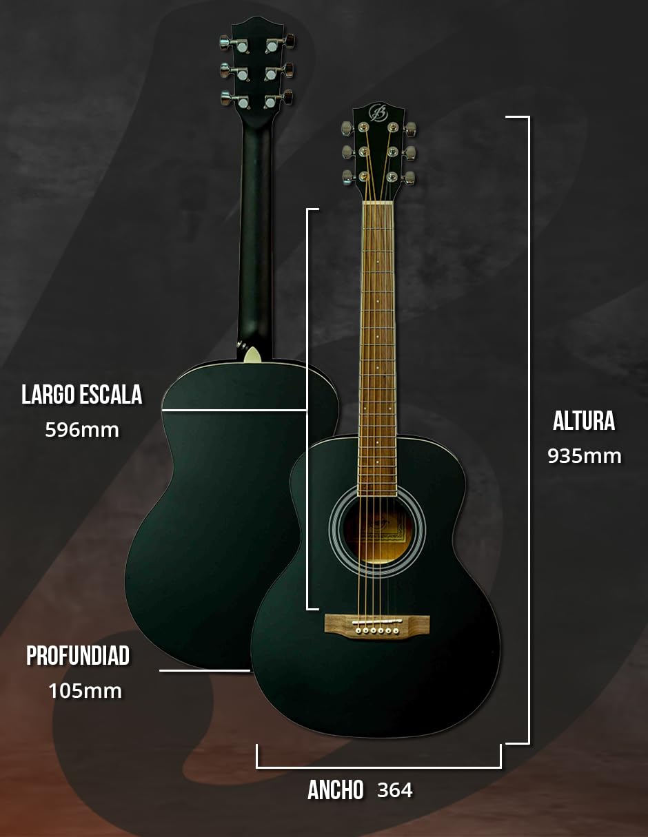 BAMBOO, Guitarra Acústica Vision Negra con Funda, 38 pulgadas, madera Linden
