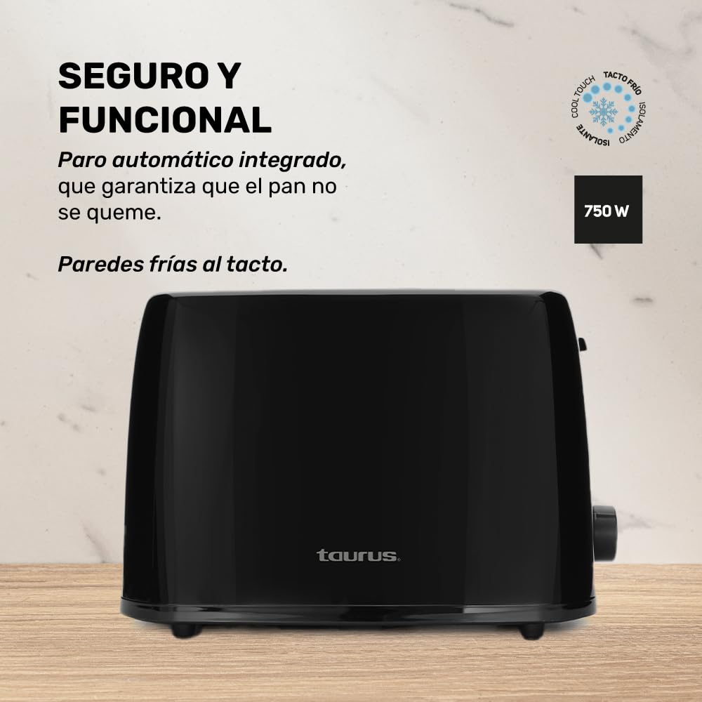 TAURUS LUCERNA | Tostador para Pan | 2 Rebanadas | 6 Niveles de Tostado | Paro automático | Paredes de tacto frío | Amplias aberturas