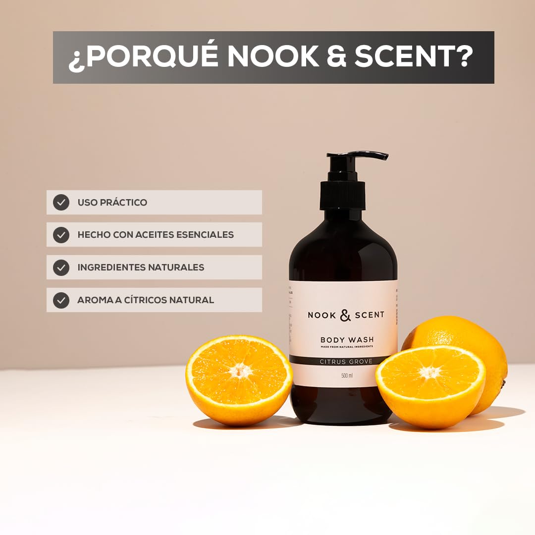 Body Wash Cítrico | 500 ml | Limpieza e Hidratación | Libre de Sulfatos y Parabenos, Vegano, Aceites Esenciales, Aroma Revitalizante con Notas de Naranja, Cedro y Patchouli | Nook & Scent