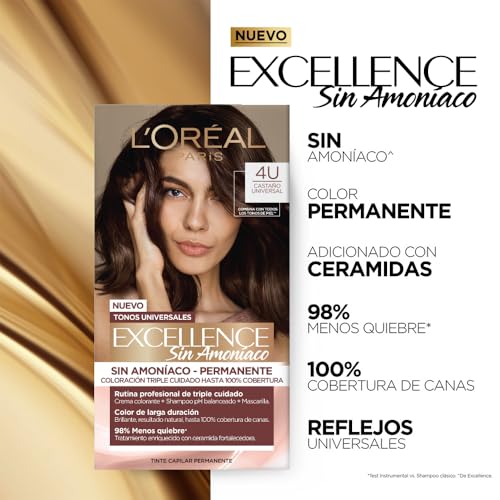Pack de 2 tintes sin amoniaco L'Oréal Paris Excellence Tono 4U Castaño Universal - ¡Dale color a tu cabello de forma segura y duradera con nuestra fórmula sin daños ni irritaciones! Ideal para un tono castaño natural y vibrante. ¡Compra ahora!