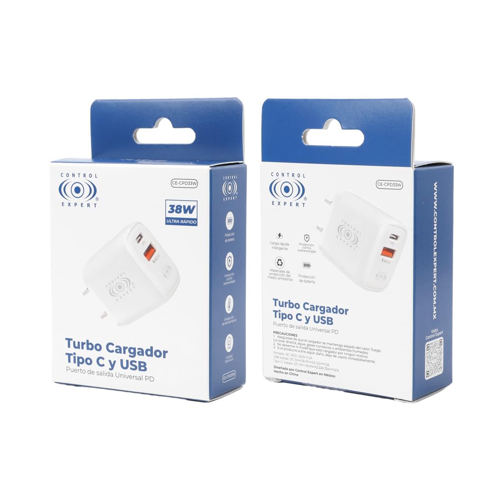 CONTROL EXPERT Turbo Cargador Tipo C y USB Puerto de Salida Universal PD 38W 12V 1.5A (Blanco)