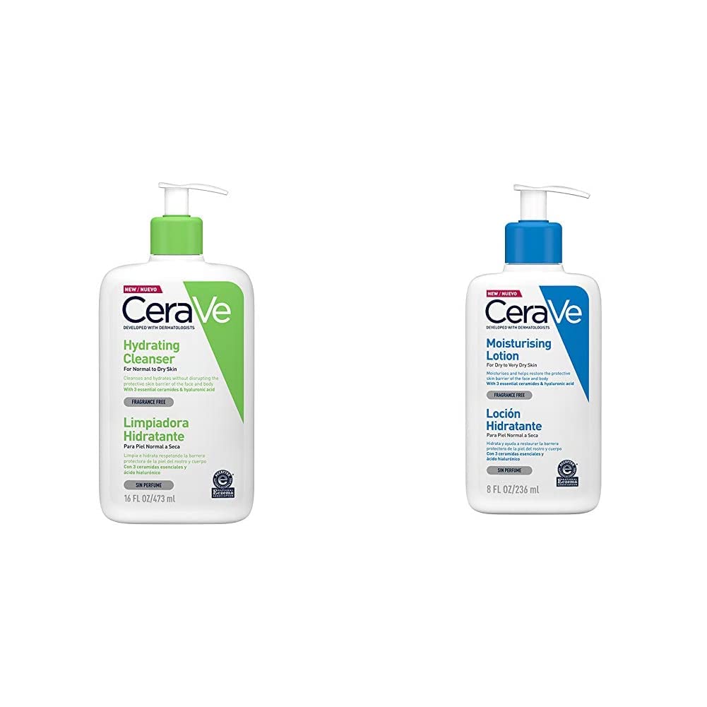 CeraVe Limpiadora Hidratante |473ml| Limpiador facial diario para piel seca + Loción Hidratante |237ml| Loción hidratante para rostro y cuerpo para piel seca