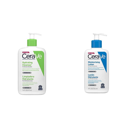 CeraVe Limpiadora Hidratante |473ml| Limpiador facial diario para piel seca + Loción Hidratante |237ml| Loción hidratante para rostro y cuerpo para piel seca