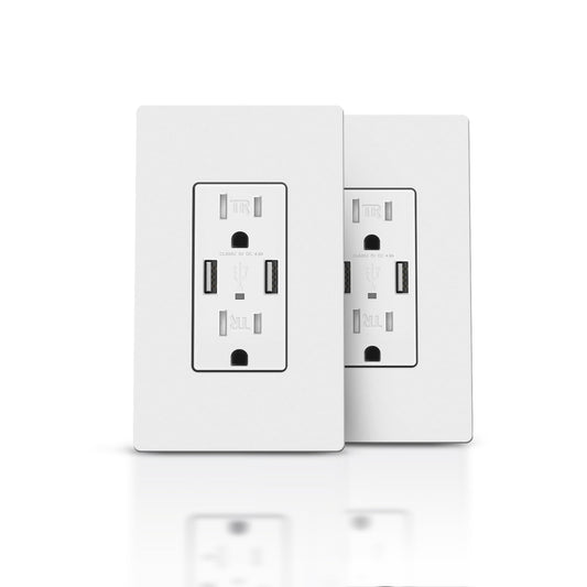 TOPELER - Paquete de 2 tomacorriente de pared USB, toma de corriente con capacidad de carga de 4.8 A, enchufe eléctrico resistente a manipulaciones de 15 A, placa de pared sin tornillos incluida, aprobado por UL y FCC, color blanco