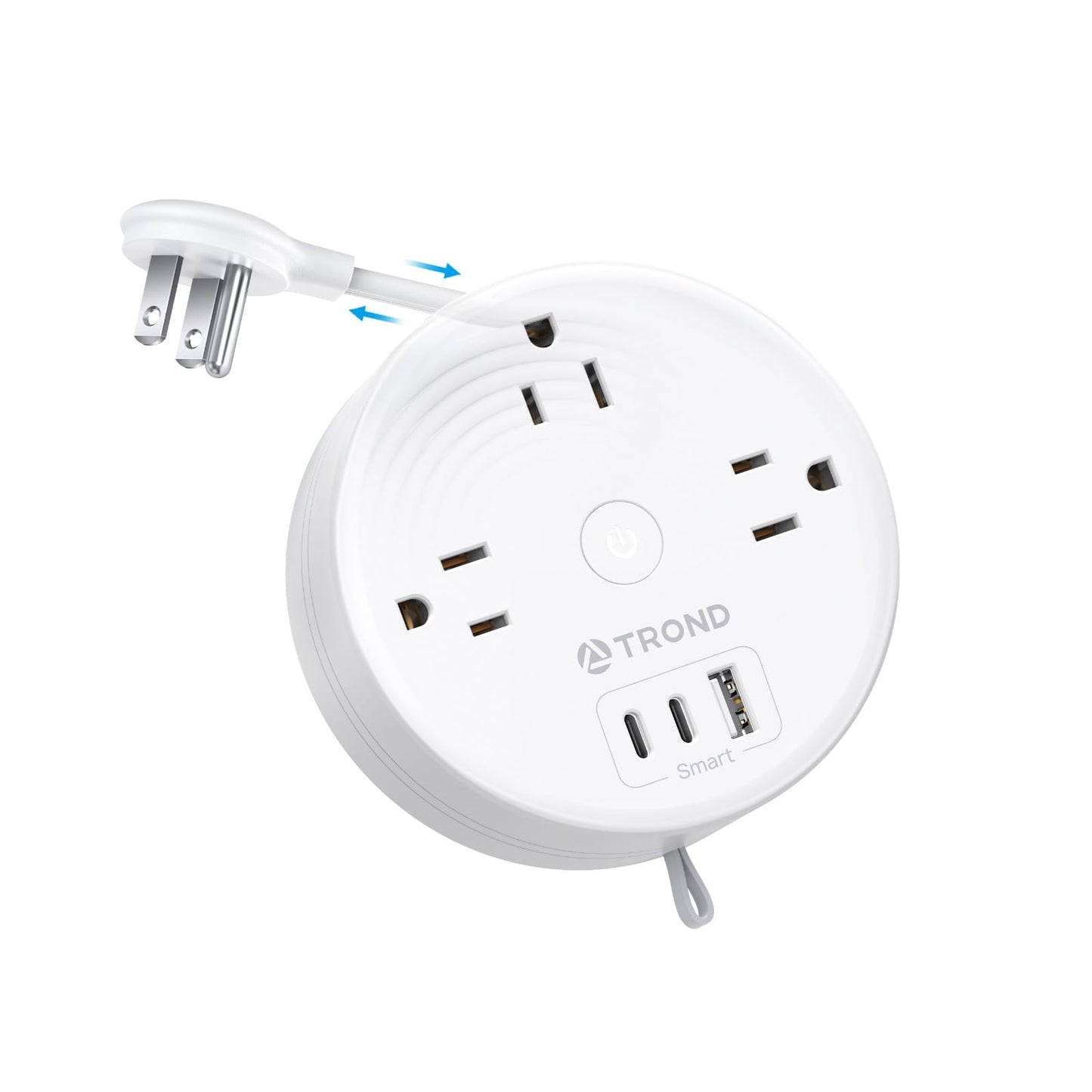 TROND Regleta de Viaje retráctil, Cable de Extensión Retráctil Enchufe Plano Ultrafino de 1.5 m, Regleta de Alimentación Retráctil con 3 Tomas de CA 3 USB(2 USB C), Elementos Esenciales para Cruceros